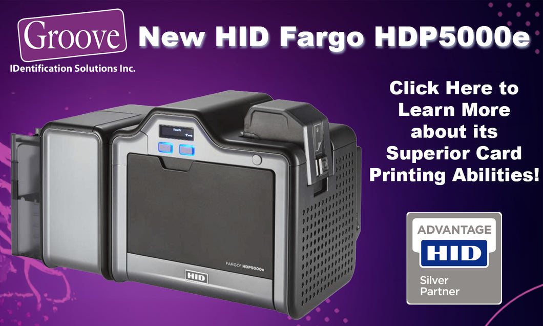  ID Fargo HDP5000e high-definition ID card printer with retransfer technology for secure, durable, and vibrant card printing. Ideal for corporate, government, and university ID badge solutions