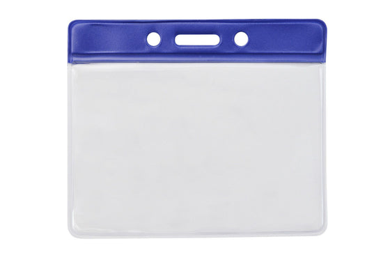 1820-1002 Clear Vinyl Horizontal Badge Holder with Blue Color Bar, 3.75" x 2.63"