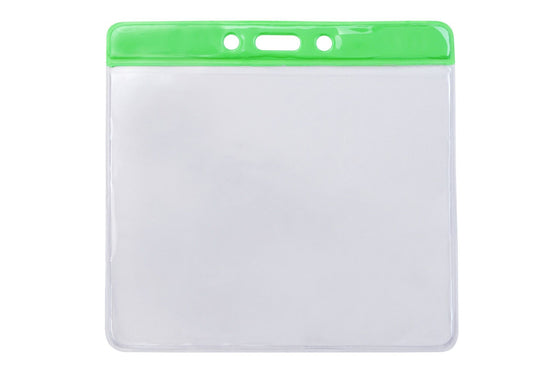 1820-1204 Clear Vinyl Horizontal Badge Holder with Green Color Bar, 4.38" x 3.63"