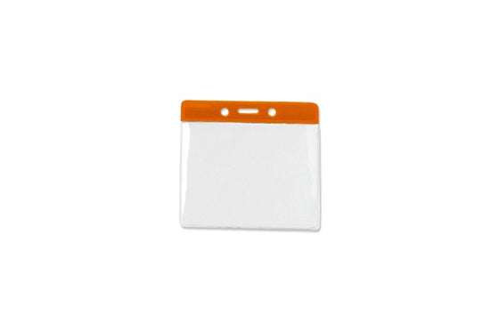 1820-1205 Clear Vinyl Horizontal Badge Holder with Orange Color Bar, 4.38" x 3.63"