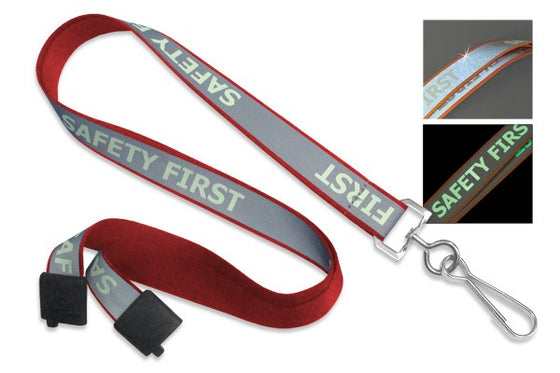 Red 5/8" (16 mm) Reflective Lanyard with "Safety First" Luminescent Imprint & Nickel-Plated Steel Swivel Hook