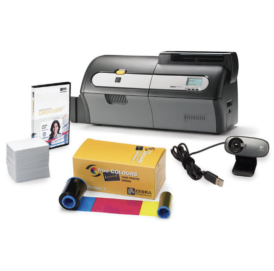 Zebra ZXP Series 7 Single Sided ID Card Printer Bundle. Comes with ISO HiCo/LoCo Mag S/W selectable, Card Studio Enterprise, Camera, 1 YMCKO ribbon (250 images), and 200 PVC cards With Mag Stripes.