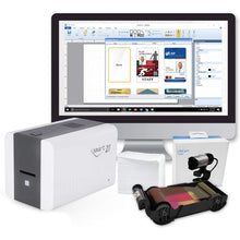  IDP SMART-21 Single Sided ID Card Printer Bundle. Comes with 1 YMCKO Printer Ribbon (0100 Prints), 100 PVC Cards,  SMART-IDesigner Software on an installation CD & USB Camera.